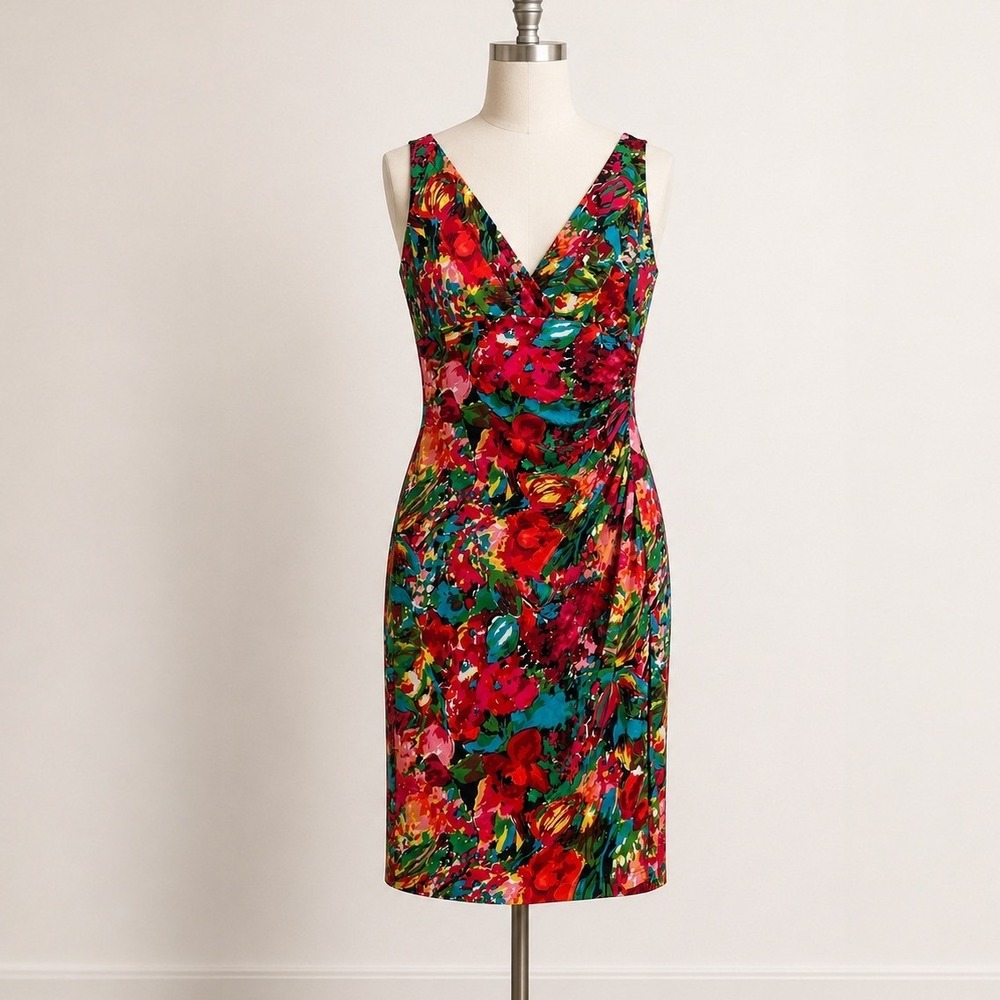 Lauren Ralph Lauren Slinky Floral Sheath Dress Ruched V-Neck Stretch Cocktail 6
